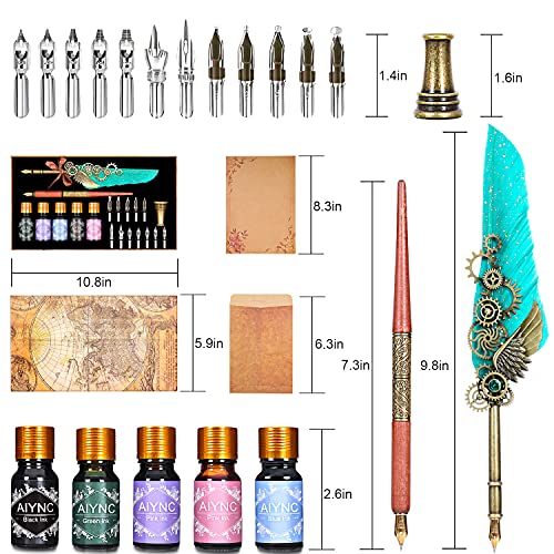 Feather Calligraphy Pen Ink Set, Mechanical Feather Pen and Wooden Dip Pen, 5 Colors of Ink, 12 Replacement Nibs, Pen Holder, Envelope and Letter Paper (Green) - color: Green