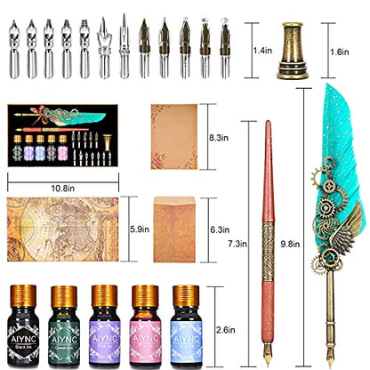Feather Calligraphy Pen Ink Set, Mechanical Feather Pen and Wooden Dip Pen, 5 Colors of Ink, 12 Replacement Nibs, Pen Holder, Envelope and Letter Paper (Green) - color: Green