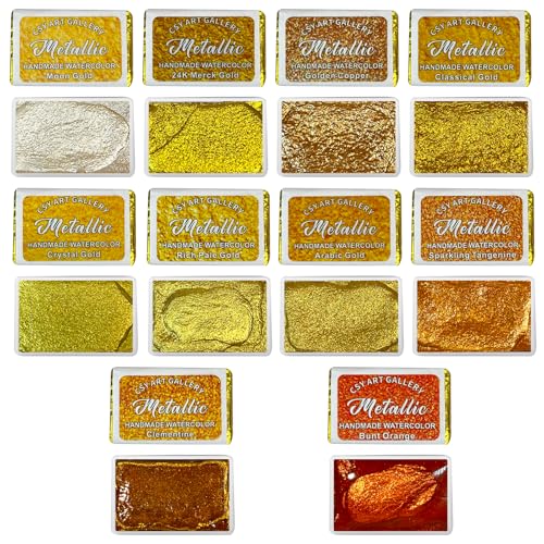 Gold Handmade Mica Watercolor Paint Set in Tin Case Metallic Full Pans Water Color Sparkly, Shimmer, Glitter for Artists in Hand Lettering, Junk Journaling, Painting(Set 1) - color: Set 1