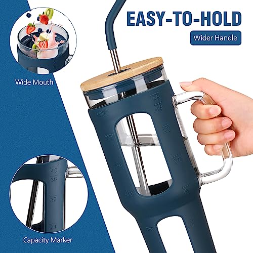WINSA Glass Tumbler with Lid and Straw, 46 oz Iced Coffee Cup with Handle, Large Water Bottles with Silicone Sleeve, Glass Cup with Straws - Pearl Straw & Drinking Straw BPA Free-Blue - color: Blue, size: 46 Ounces