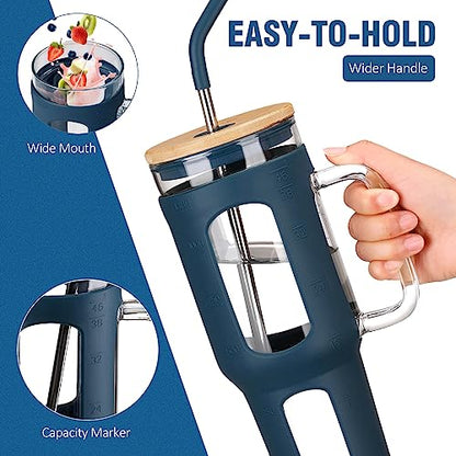 WINSA Glass Tumbler with Lid and Straw, 46 oz Iced Coffee Cup with Handle, Large Water Bottles with Silicone Sleeve, Glass Cup with Straws - Pearl Straw & Drinking Straw BPA Free-Blue - color: Blue, size: 46 Ounces