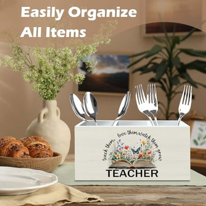 DILSJ Para Appreciation Gifts Pencil Holder Organizer for Desk, Thank You Teacher Gift, Teach Them Love Them Watch Them Grow Wooden Box Signs for Book Lovers Gifts Desk Tabletop School Supplies - color: Flower-1