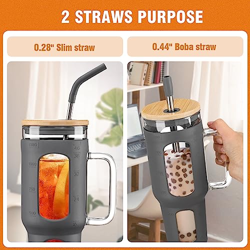 WINSA Glass Tumbler with Lid and Straw, 46 oz Iced Coffee Cup with Handle, Large Water Bottles with Silicone Sleeve, Glass Cup with Straws - Pearl Straw & Drinking Straw BPA Free-Grey - color: Gray, size: 46 Ounces