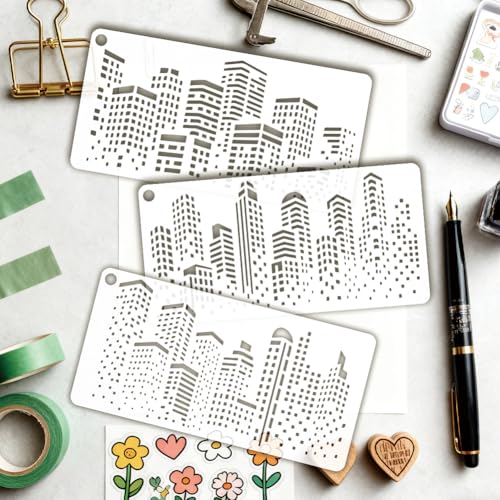 12 Sheets City Silhouette Stencils for Painting, 12 Styles Skyscraper Drawing Template Reusable City Buildings Templates for Painting on Canvas Wood Wall Home Decor - style: City Silhouette