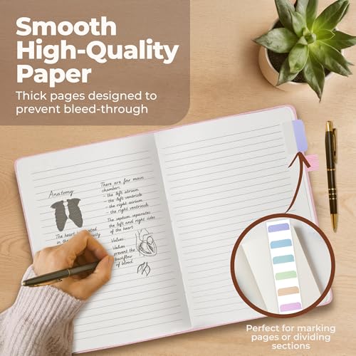 Classic Lined Journal Notebook 8.5x11" A4 Hardcover Leather - Pink - 200 Pages College Ruled Large with Sticky Tabs, Pockets, and Pen Loop for Writing and Journaling - Big Hardback Men and Women - color: Pink, size: A4 200 Pages