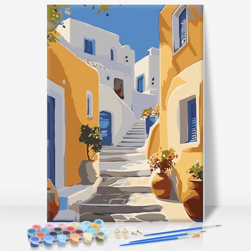 Camocin Framed Paint by Numbers Kit for Adults Beginner - Santorini Street Paint by Number Canvas with Frame, DIY Coastal Landscape Acrylic Painting Kit for Stress Relief Home Wall Decor 8x12 Inch - color: Street-01, size: 8x12 Inch