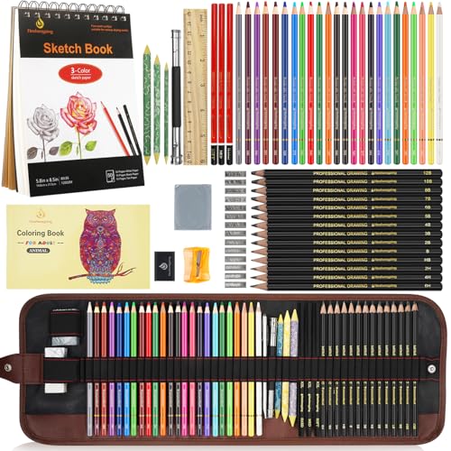 Sketch & Drawing Art Pencil Kit 52 Piece Set, 24 Color Pencil for Coloring Books, Pencil of Graphite & charcoal, 3-color Sketchbook, coloring book Etc, Art Supply Ideal for Adult Student Beginner Teen - size: 52 Piece Set
