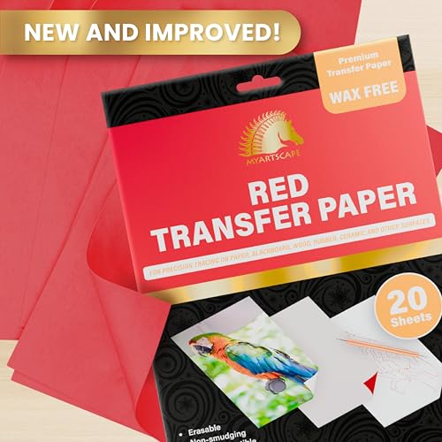 MyArtscape Graphite Transfer Paper, 20 Red Sheets - Wax Free - Erasable - Smudge-Free - Ideal for Drawing and Tracing - Premium Arts and Crafts Supplies