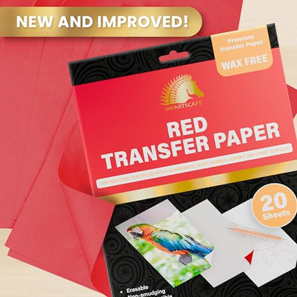 MyArtscape Graphite Transfer Paper, 20 Red Sheets - Wax Free - Erasable - Smudge-Free - Ideal for Drawing and Tracing - Premium Arts and Crafts Supplies