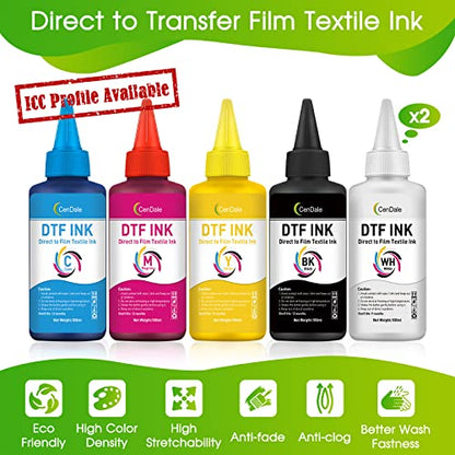 CenDale Premium DTF Ink 600ML- DTF Transfer Ink for PET Film, Refill for DTF Printers Epson ET-8550, XP-15000, L1800, L805, R1390, R2400, Heat Transfer Printing Direct to Film (100ml x 6, CMYK Wh) - color: 2 White,Cyan,Magenta,Yellow,Black, style: DTF Ink