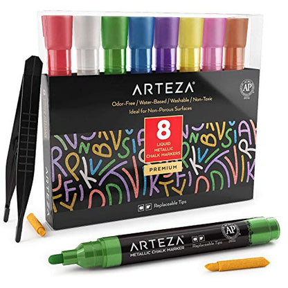 ARTEZA Liquid Chalk Markers, Set of 8, Metallic Colors, Erasable - color: Metallic