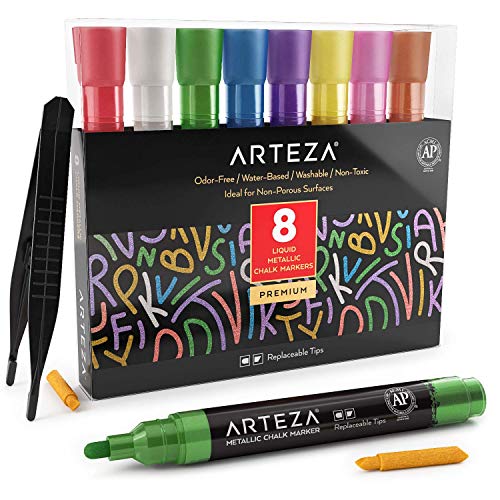 ARTEZA Liquid Chalk Markers, Set of 8, Metallic Colors, Erasable - color: Metallic