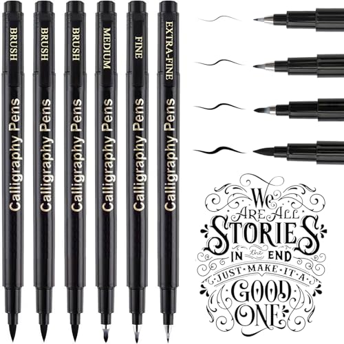 SAYEEC Calligraphy Brush Pens, Refillable Hand Lettering Pen, Black Ink Calligraphy Brush Markers Set for Writing Journaling Sketching Art Drawing Illustration Scrapbooking (4 Size, 6 Pack)