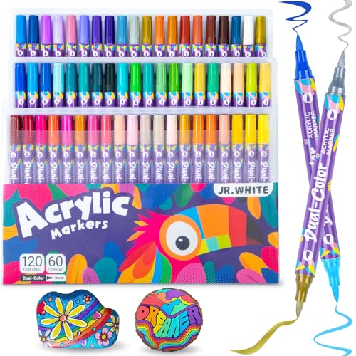JR.WHITE 120 Colors Acrylic Paint Markers, 60 Dual-Color Dual Brush Tip Paint Pens, Permanent Acrylic Markers Smooth Coverage for Adult Coloring Books, Rock, Wood, Glass, Ceramic, Canvas, DIY Crafts