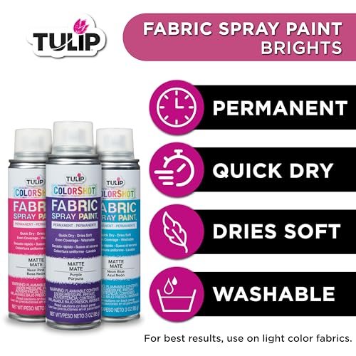 Tulip ColorShot Instant Fabric Spray Paint, Permanent Color Spray-On Fabric Paint, 3 oz Brights 3 Pack, Neon Pink, Purple, Neon Blue