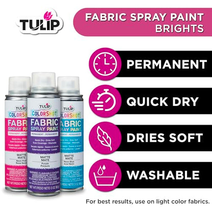 Tulip ColorShot Instant Fabric Spray Paint, Permanent Color Spray-On Fabric Paint, 3 oz Brights 3 Pack, Neon Pink, Purple, Neon Blue