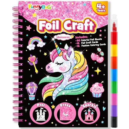 FUNNYB&G Foil Art Craft Kit for Girls 4-10 Years Old: Mess-Free & No-Glue, Create 16 Sparkly Unicorns Pictures – Perfect Travel Toy & Birthday Gift for Kids（Unicorns） - style: Unicorns