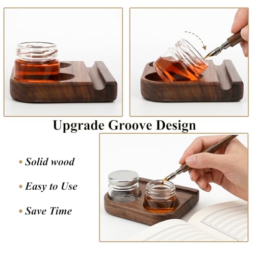 ZOOFOX Wooden Tilting Calligraphy Pen Holder, Brown Wood Ink Well for Dip Pen with Pen Rest and Two Empty Glass Ink Bottle Container, Calligraphy Oblique Nib Holder for Effortless Writing