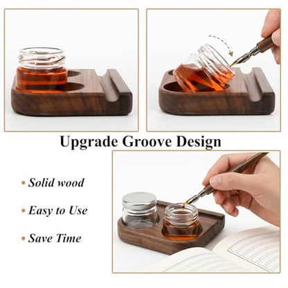 ZOOFOX Wooden Tilting Calligraphy Pen Holder, Brown Wood Ink Well for Dip Pen with Pen Rest and Two Empty Glass Ink Bottle Container, Calligraphy Oblique Nib Holder for Effortless Writing