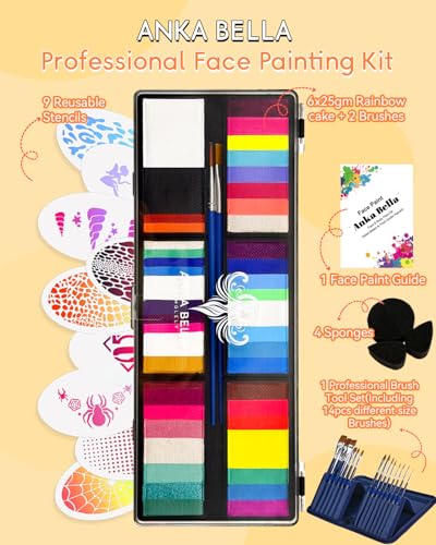Anka Bella Face Painting Kit for Kids & Adults, Water Activated Face Paint Palette with 14 Brushes, Non Toxic Hypoallergenic Washable Face Paint Professional for Drawing Butterflies - color: ButterflyGlow Palette