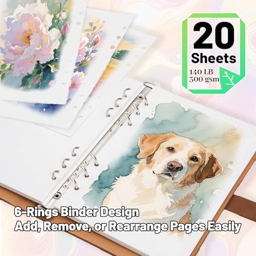 Professional Watercolor Sketchbook with 6-Ring Binder, 20 Sheets 300GSM/140lb 100% Cotton Acid-Free Cold Press Paper, 9.25" x 6.3" Textured Art Journal for Artists, Students & Adults (Brown) - color: Brown