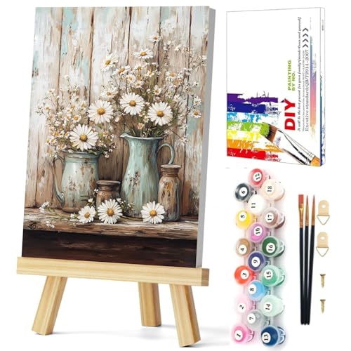 Gemozaic Framed Paint by Numbers Kit for Adults, Vintage Flowers Paint by Numbers with Frame & Easel, Rustic DIY Number Painting for Gift, Home, Office, Wall Decor, 8 x 12 Inch - color: BKH2287