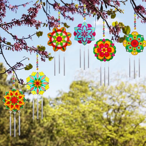 Ayhuhra 30 Sets Mandala Suncatchers Wind Chimes Craft Kits DIY Window Art Suncatcher Mandala Flower Craft Art Kit for Spring Summer Party Activities Art Project Party Favors - style: Mandala Wind Chimes