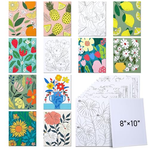 Tinlade 12 Pcs 7.9 x 9.8 Inch Pre Drawn Canvases for Painting Pre Stretched Canvas DIY Coloring Outline Painting Boards for Beginners Adults (Flower Posters) - size: Flower Posters