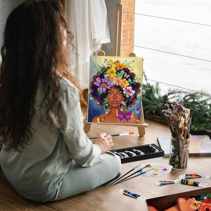 Cholemy 36 Pcs Paint and Sip Kit for Adults 8''x10'' Pre Drawn Canvas for Painting DIY Afro Acrylic Painting Kit Wood Easel Brushes Date Night Bulk for Summer 4th of July Party Gift(Flower Lady) - style: Flower Lady