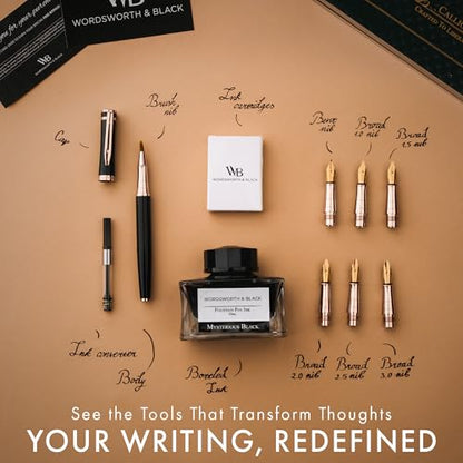 Wordsworth & Black Calligraphy Pen Gift Set, Includes Ink Bottle, 6 Ink Cartridges, A Refill Converter, 6 Replacement Nibs, Journaling, Smooth Writing Pens [Black Rose Gold] - color: Black Rose Gold