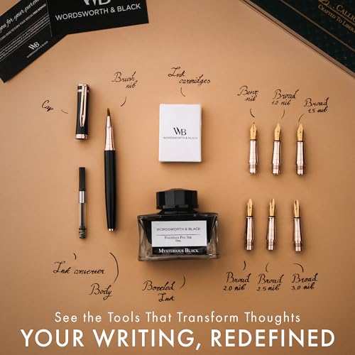 Wordsworth & Black Calligraphy Pen Gift Set, Includes Ink Bottle, 6 Ink Cartridges, A Refill Converter, 6 Replacement Nibs, Journaling, Smooth Writing Pens [Black Rose Gold] - color: Black Rose Gold