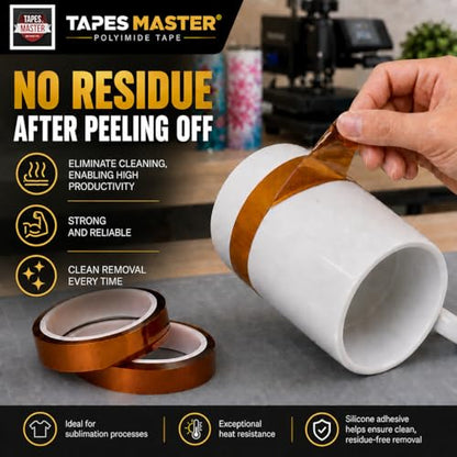Tapes Master 5 Rolls - 1" x 36 Yds 1 Mil Kapton Tape - Polyimide High Temperature Heat Rresistant Tape with Silicone Adhesive - No Residue - color: 5 Rolls - 1" x 36 Yds, size: 1 Mil