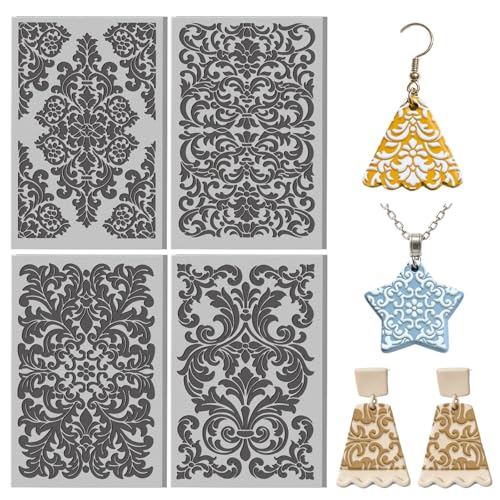 4 Pcs Vintage Large Floral Pattern Polymer Clay Texture Sheet Rubber Clay Texture Mat for Polymer Clays Making Earrings Jewelry DIY Crafts, 4 × 2.5 Inch - color: Vintage Floral