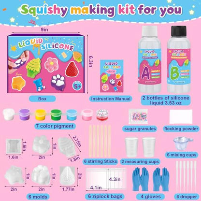 Mikiwon Taba Squishy Kit, 7OZ 1:1AB Liquid Silicone Set with 6 Molds, Decompression Squishies Gift with Guide & Flocking Powder DIY Squishies Maker Holiday Gift