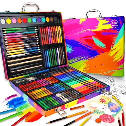 Cokiki 184-Piece Art Kit for Kids Ages 6-12, Ultimate Drawing Set with Oil Pastels, Crayons, Watercolor Cakes & Sketch Pad - Art Supplies Gift Case for Boys Girls (6-8 8-12 Year Old) - color: Color Splash
