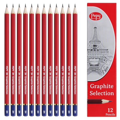 Pepy Graphite Professional Drawing Pencils - Set of 12 3H Pre-Sharpened Black Lead Pencils; Perfect for Drawing, Sketching and Shading, Graphic and Fine Art