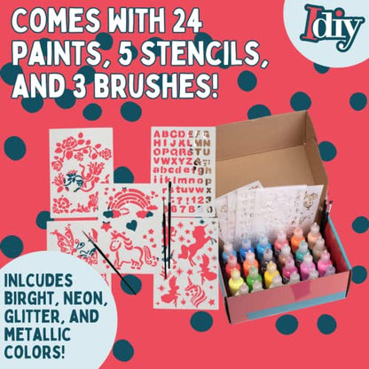 24-Color 3D Fabric Paint Set for Clothes, Canvas & Glass - Permanent Puffy Paint (1oz Bottles) with Neon, Metallic, Glitter & Glow in The Dark Colors - Includes 3 Brushes & 5 Stencils, Non-Toxic