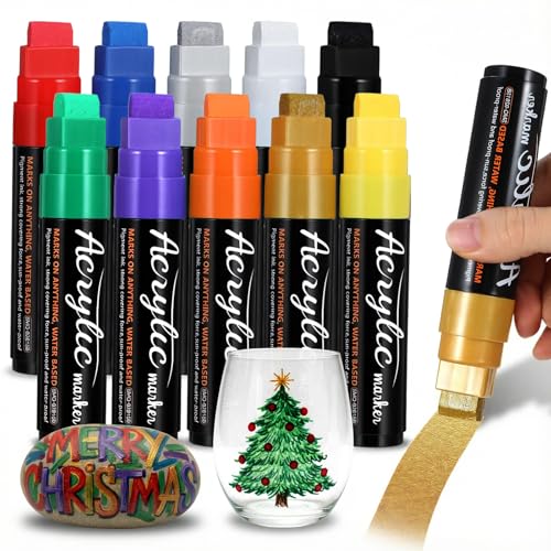 10 Colors Jumbo Markers, 15 mm Jumbo Wide Tip Waterproof Permanent Ink, Thick Acrylic Paint Markers or Fabric, Poster, Glass, Rock Painting, Stone, Wood, Car, Ceramic