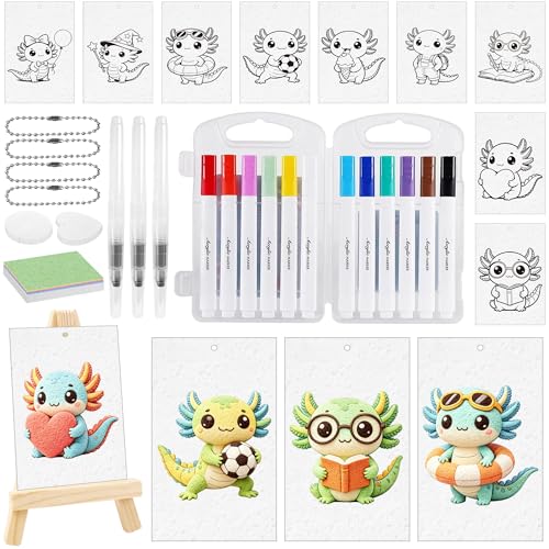 75 Pcs Magic Foam Texture Painting Kit, Cute 3D Axolotl Puffy Paint Art Craft Set with 24 Magic Foam Paper, 12 Color Pens, 3 Water Brushes, 20 Chains, Mini Easel, DIY Coloring Craft Activity Gift Set