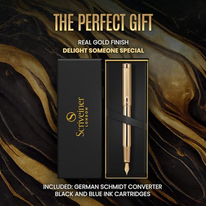 Scriveiner Luxury Fountain Pen - Stunning Luxury Pen, Real Gold Finish, Schmidt Gilded Nib (Fine), Converter, Best Pen Gift Set for Men & Women, Professional, Executive, Office, Nice Pens - color: 11. Gold, style: Fine Nib