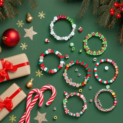 Gionlion Christmas Beads Bracelet Making Kit, 800 Pcs Polymer Clay Beads Jewelry Kit for Girls, Holiday DIY Craft with Christmas Crafts Charms, Perfect Stocking Stuffer for Kids - style: Christmas