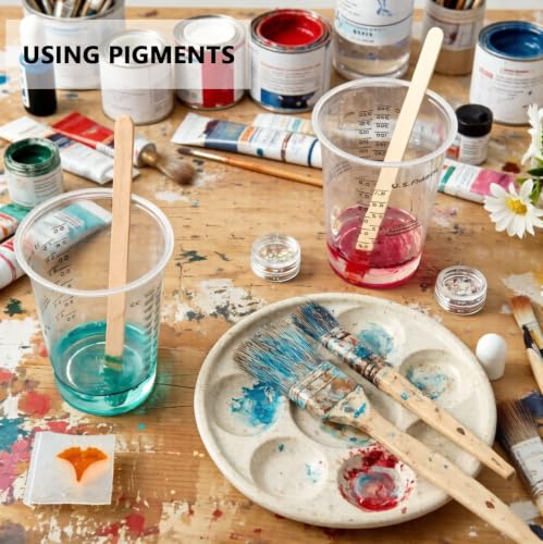 20PCS 8oz Disposable Plastic Measuring Mixing Cups with 20 Wooden Stirring Sticks, Clear Graduated Cups for Epoxy Resin Paint Pigment Mixing (20)