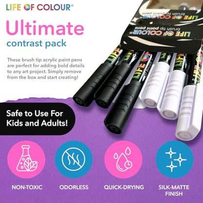 Life of Colour Black & White Brush Tip Acrylic Paint Pens | Permanent Black & White Acrylic Paint Pens for Detailing, Lettering, Ceramics, Canvas, Rocks & Creative Crafts. - style: Black and White Brush Tips