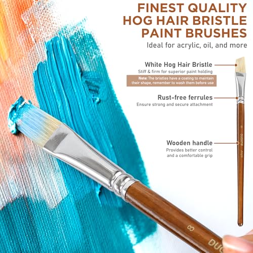 DUGATO Short Handle Artist Paint Brush Set, 10-Piece Hog Hair Bristle | Strong Paint Pickup for Acrylic & Oil Painting, Comfortable Wood Handle, Kids & Adults - color: Brown