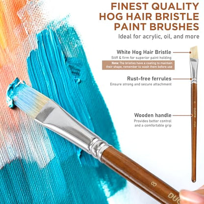 DUGATO Short Handle Artist Paint Brush Set, 10-Piece Hog Hair Bristle | Strong Paint Pickup for Acrylic & Oil Painting, Comfortable Wood Handle, Kids & Adults - color: Brown