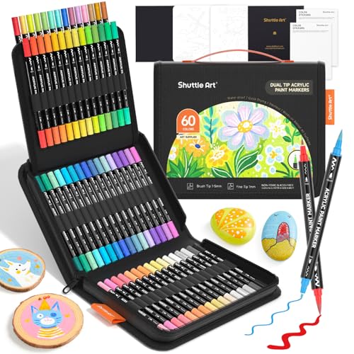 Shuttle Art 60 Colors Dual Tip Acrylic Paint Markers, Brush Tip and Fine Tip Acrylic Paint Pens for Rock, Ceramic, Wood, Canvas, Plastic, Glass, Stone, Calligraphy, Card Making, DIY Crafts - color: 60 Colors Brush Tip and Fine Tip