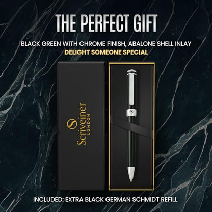 Scriveiner BlackGreen Ballpoint Pen - Black Green Luxury Pen, Chrome Finish, Schmidt Black Refill, Best Ball Pen Gift Set for Men & Women, Professional Executive Office, Nice Designer Pen - color: 7. Very Dark Black Green with Chrome