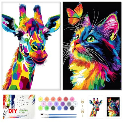 KEYIFA 2 Pack Paint by Numbers Kit, Stretched Canvas Boards for Painting for Adults, Crease-Free Acrylic Oil Painting for Students Favor Sip & Paint Party Supplies, Giraffe + Colourful Cat (8x12in)