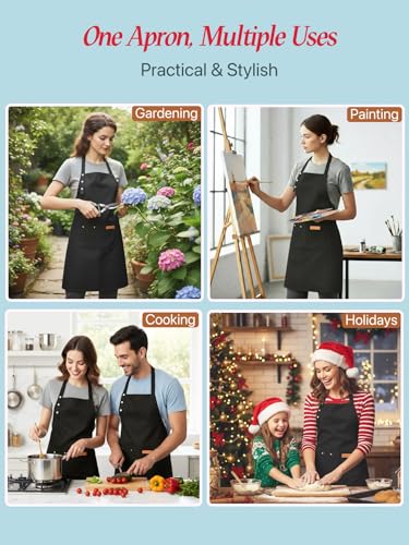 Kitchen Cooking Apron for Women Men Water-Resistant Artist Barista Baking Craft Catering Work Bib with Large Pockets - color: Black