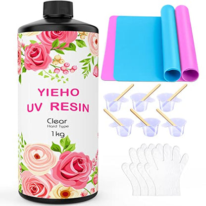 YIEHO 1000g UV Resin -Upgraded Crystal Clear Hard UV Fast Curing Epoxy Resin Supplies with Mat for Craft Jewelry Making 1KG - size: 1000g